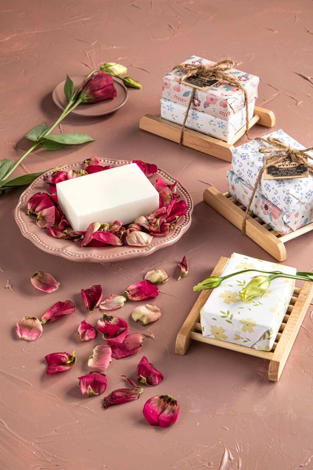 Two bath soaps with a soap dish - pink and blue model