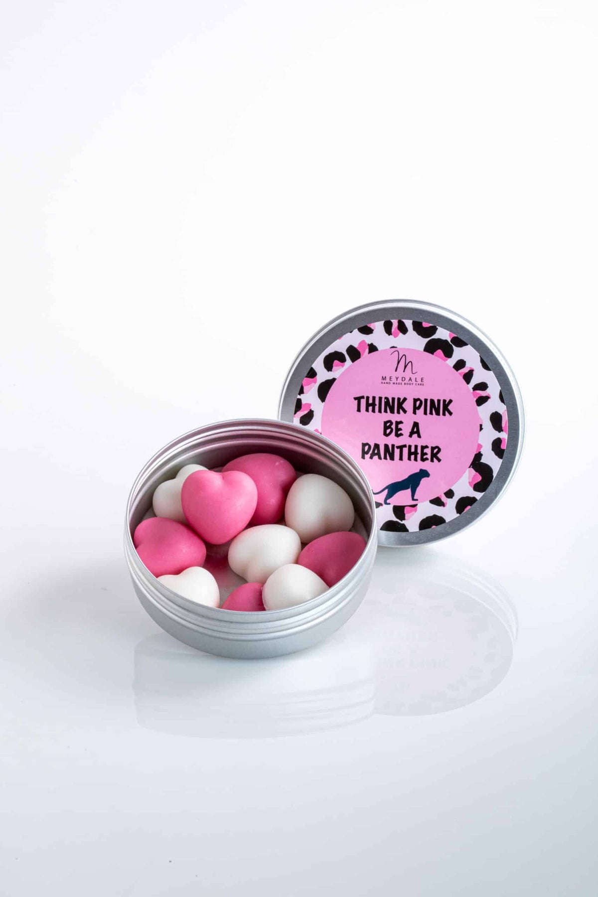 Round Metal Box with Heart-Shaped Soaps - Think Pink Be a Panther