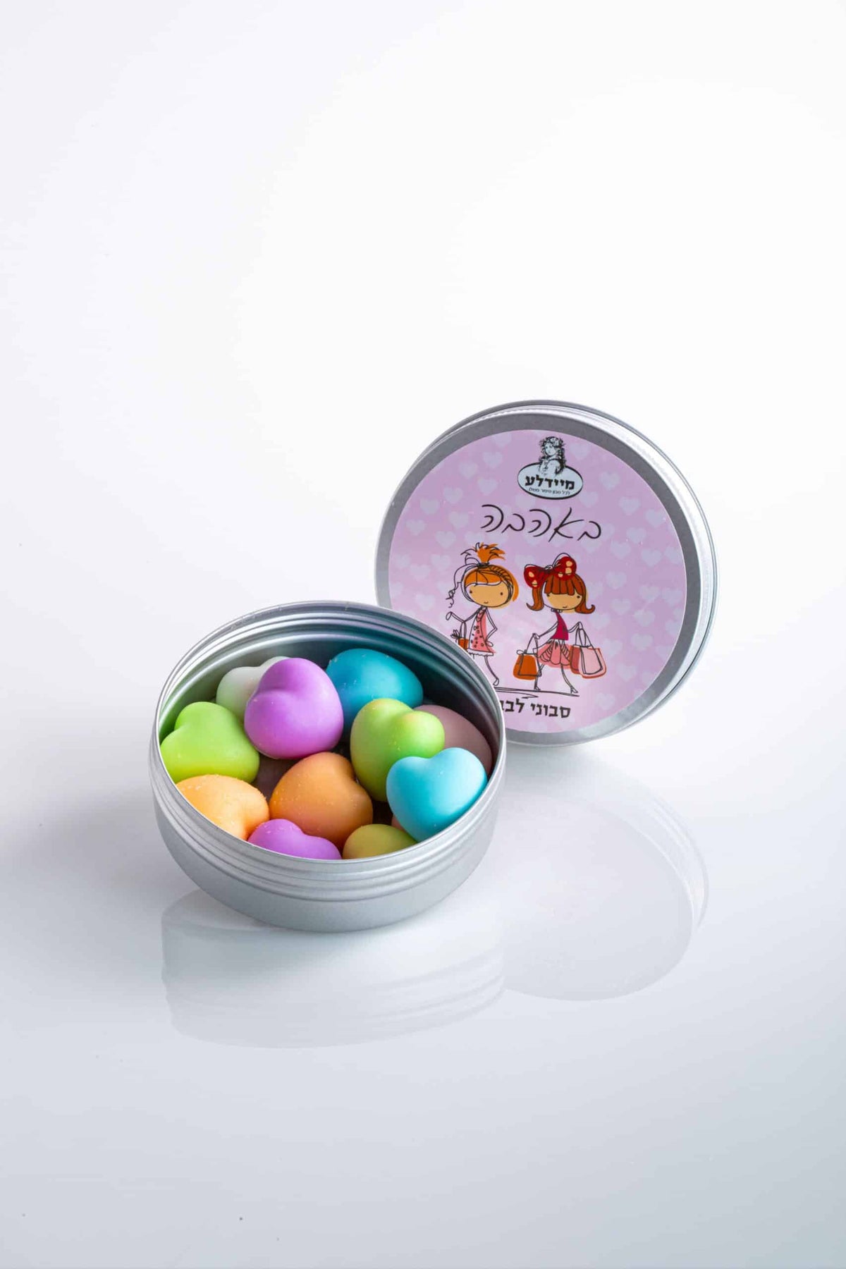 A box of heart-shaped soaps in a round metal tin - with love