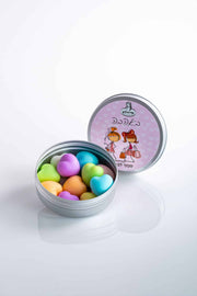 A box of heart-shaped soaps in a round metal tin - with love