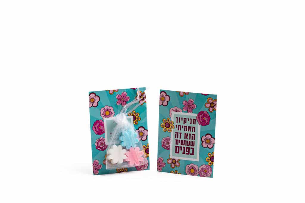 Greeting card with soaps - True cleanliness is what you do on the inside - Blue floral background