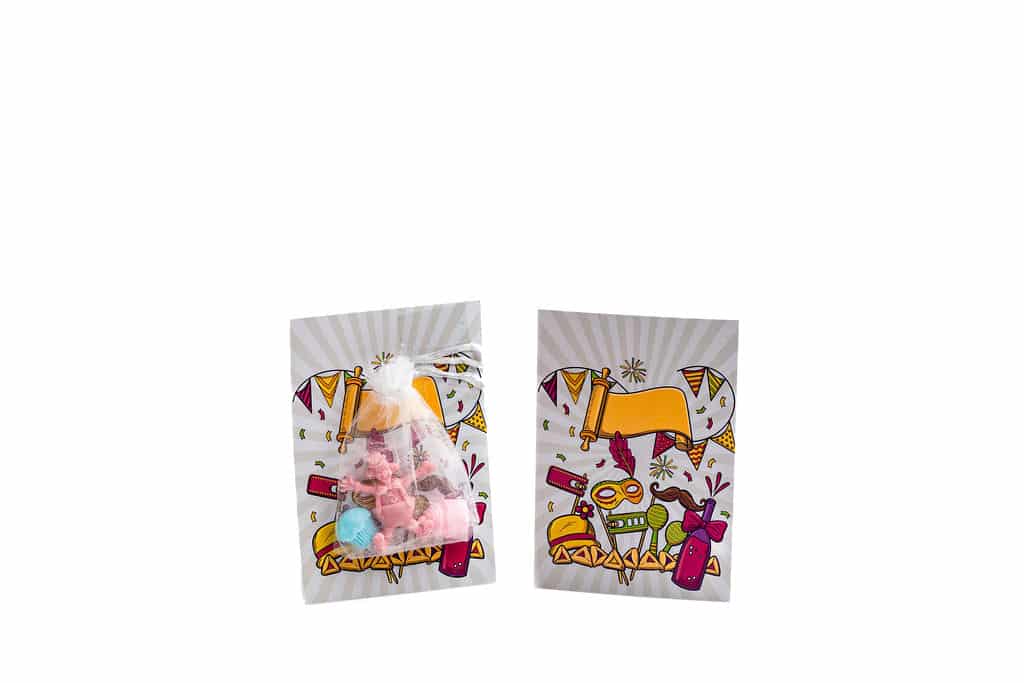 Greeting card with soaps - Happy Purim clowns white background